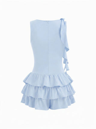 Boat Neck Ruched Ruffle Hem Layered Micro Romper