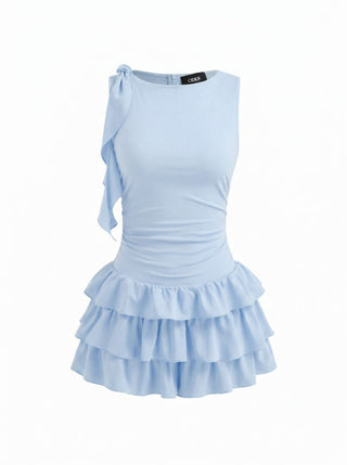 Boat Neck Ruched Ruffle Hem Layered Micro Romper