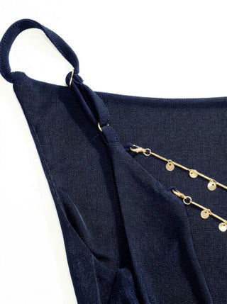 Cowl Neck Metal Chain Backlesss Ruched Wide Leg Jumpsuit