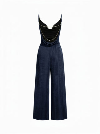 Cowl Neck Metal Chain Backlesss Ruched Wide Leg Jumpsuit