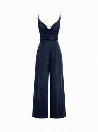 Cowl Neck Metal Chain Backlesss Ruched Wide Leg Jumpsuit