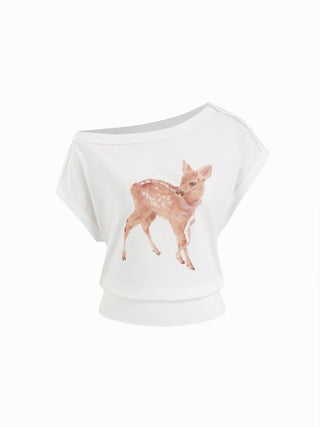 Cotton-blend Deer & Bowknot Graphic Asymmetrical Neck Tee