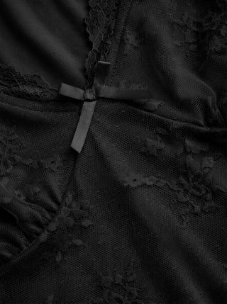 Jacquard Floral V-neck Lace Panel Bowknot Crop Tee