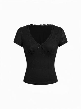 Jacquard Floral V-neck Lace Panel Bowknot Crop Tee