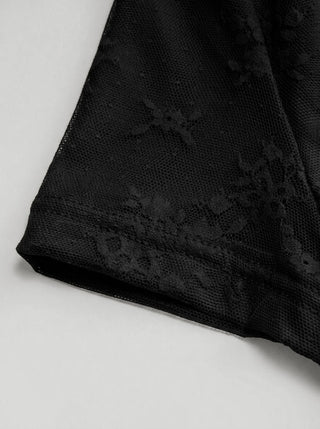 Jacquard Floral V-neck Lace Panel Bowknot Crop Tee