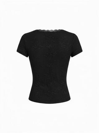 Jacquard Floral V-neck Lace Panel Bowknot Crop Tee