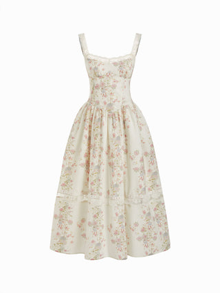 Cotton-blend Floral Sweetheart Lace Trim Milkmaid Mixi Dress