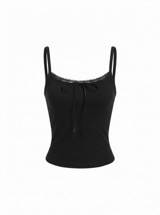 Cotton-blend Textured Scoop Neckline Lace Trim Bowknot Cami Top