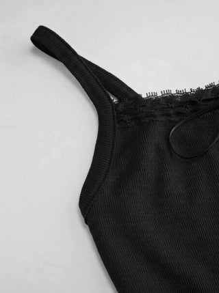 Cotton-blend Textured Scoop Neckline Lace Trim Bowknot Cami Top