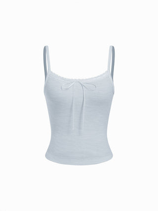 Cotton-blend Textured Scoop Neckline Lace Trim Bowknot Cami Top