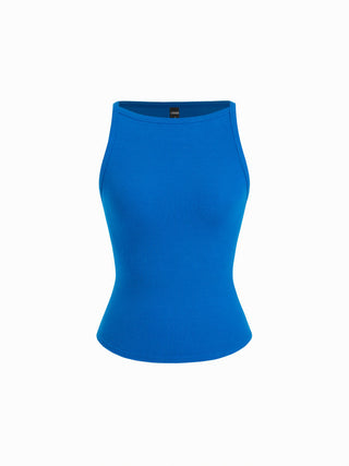 Cotton-blend High Stretch Boat Neck Ribbed Tank Top
