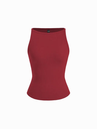 Cotton-blend High Stretch Boat Neck Ribbed Tank Top