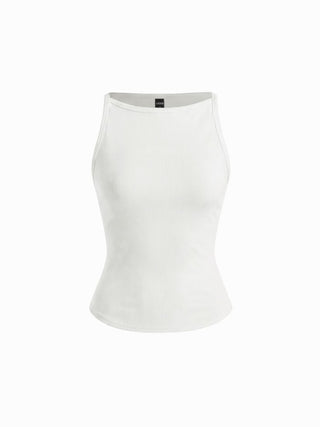 Cotton-blend High Stretch Boat Neck Ribbed Tank Top