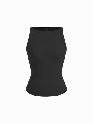 Cotton-blend High Stretch Boat Neck Ribbed Tank Top