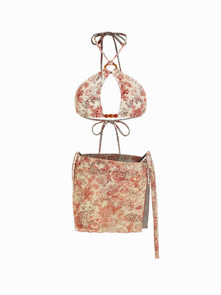 Halter Paisley O-Ring Beaded Tie Side Bikini with Sarong
