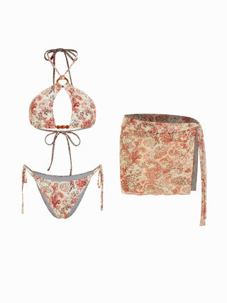 Halter Paisley O-Ring Beaded Tie Side Bikini with Sarong