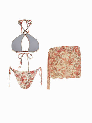 Halter Paisley O-Ring Beaded Tie Side Bikini with Sarong