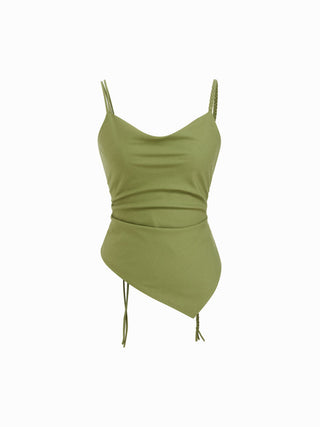 Linen-blend Square Neck Ruched Asymmetrical Braided Cami Blouse