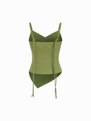 Linen-blend Square Neck Ruched Asymmetrical Braided Cami Blouse