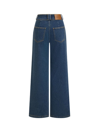 Stretch Denim High Rise Straight Leg Trousers With Metal Detail