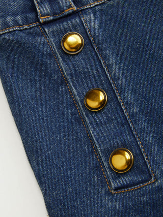 Stretch Denim High Rise Straight Leg Trousers With Metal Detail