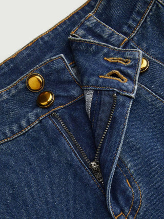 Stretch Denim High Rise Straight Leg Trousers With Metal Detail