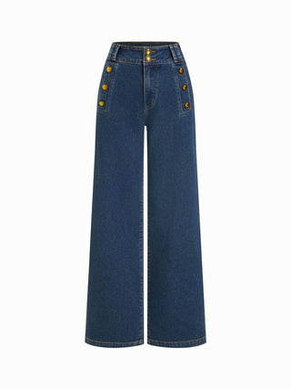 Stretch Denim High Rise Straight Leg Trousers With Metal Detail