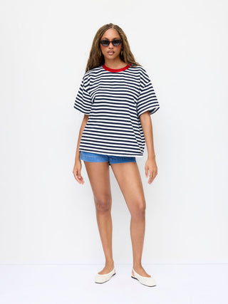 Cotton-blend Striped Contrasting Binding Fish Graphic Embroidery Oversized Tee