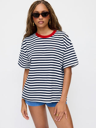 Cotton-blend Striped Contrasting Binding Fish Graphic Embroidery Oversized Tee