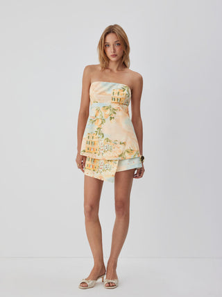 Linen-blend Mid Rise Fruit Graphic Asymmetrical Shorts