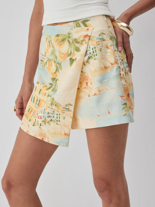 Linen-blend Mid Rise Fruit Graphic Asymmetrical Shorts