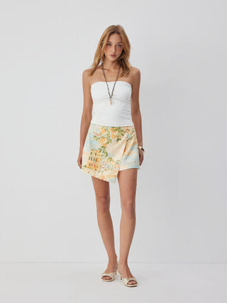 Linen-blend Mid Rise Fruit Graphic Asymmetrical Shorts