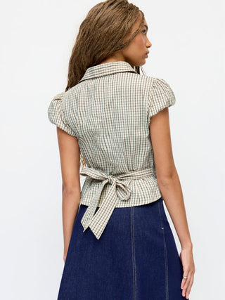 Cotton-blend Plaid Puff Sleeve Ruched Blouse