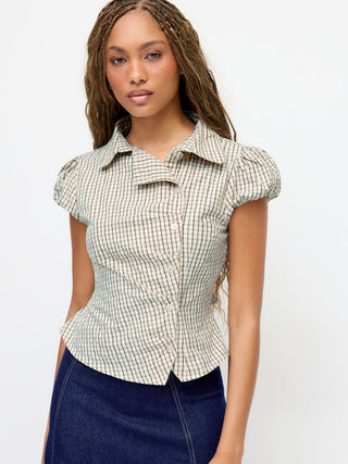 Cotton-blend Plaid Puff Sleeve Ruched Blouse