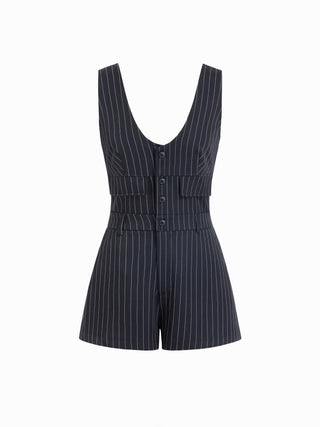 Stripe V-neck Flap Detail Mid Rise Romper