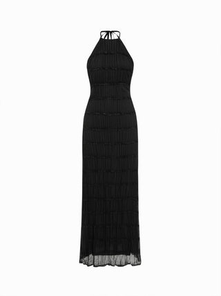 Chiffon Halter Neckline Sleeveless Ruched Straight Maxi Dress