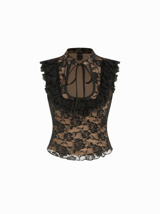 Lace Floral Mandarin Collar Tie Front Top