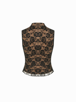 Lace Floral Mandarin Collar Tie Front Top