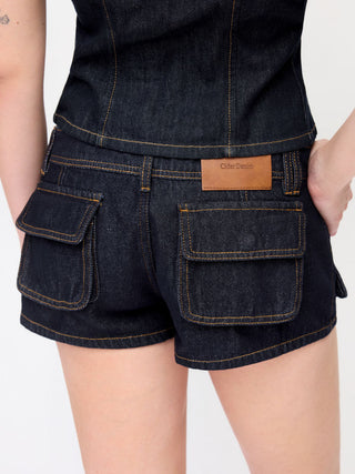 Denim Low Rise Washed Metal Detail Cargo Shorts