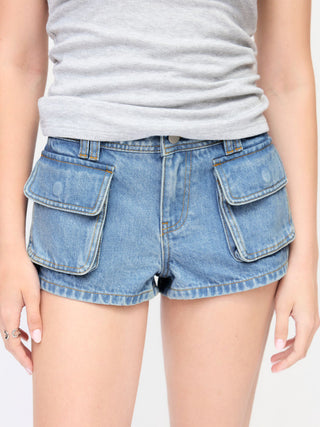 Denim Low Rise Washed Metal Detail Cargo Shorts