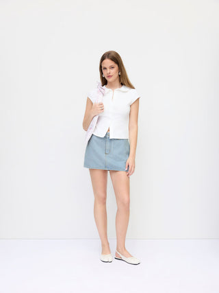 Denim Low Rise Washed Metal Detail A-line Mini Skort