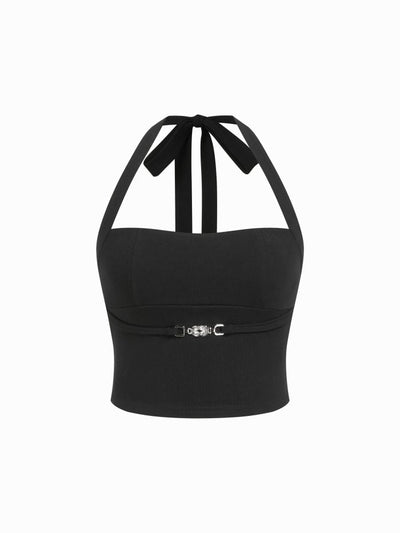 Cotton-blend Halter Neck Metal Detail Crop Tank Top