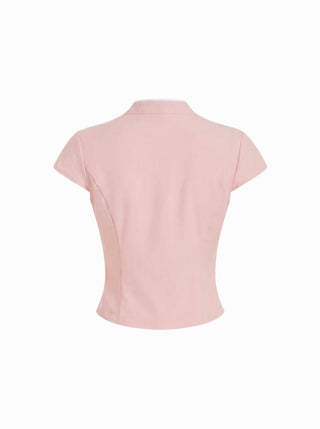 Linen-blend Stand Collar Short Sleeve Cut Out Contrasting Binding Blouse
