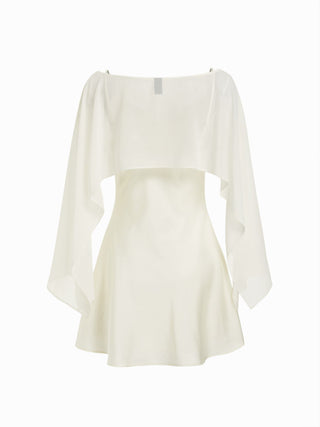 Sheer Boat Neck Cape Top & Satin High Rise Mini Dress Set