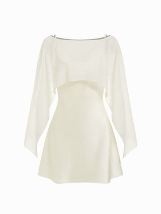 Sheer Boat Neck Cape Top & Satin High Rise Mini Dress Set