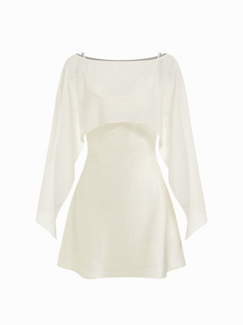Sheer Boat Neck Cape Top & Satin High Rise Mini Dress Set