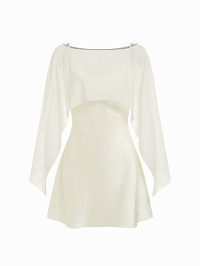 Sheer Boat Neck Cape Top & Satin High Rise Mini Dress Set