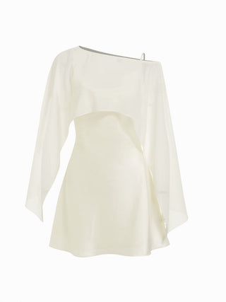 Sheer Boat Neck Cape Top & Satin High Rise Mini Dress Set