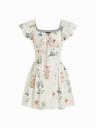 Cotton Floral Square Neck Cloak Sleeve Ruched Milkmaid Mini Dress