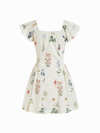 Cotton Floral Square Neck Cloak Sleeve Ruched Milkmaid Mini Dress